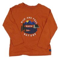 Cihlové triko s horami a stanem a nápisy joules