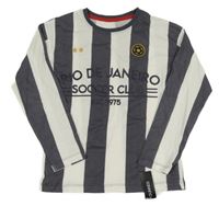 Nové - tmavošedo-bílé pruhované fotbalové triko s nápisy a nášivkou St. Bernard