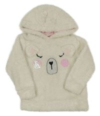 Smetanová třpytivá chlupatá mikina s medvídkem s flitry a kapucí George