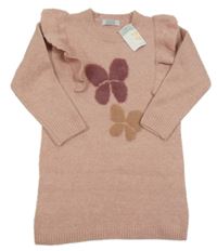Nové - starorůžové melírované vlněné šaty s motýlky a volánky PRIMARK