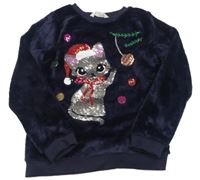 Tmavomodrá chlupatá mikina s kočkou z překlápěcích flitrů H&M