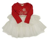 Červeno-bílé bavlněno/tylové šaty s vločkami a vrstvenou sukní