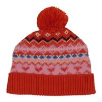 Červeno-růžová vzorovaná pletená čepice s bambulí F&F