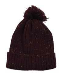 Vínová melírovaná žebrovaná pletená čepice s bambulí