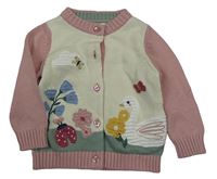 Béžovo-růžový propínací svetr s labutí a květy John Lewis