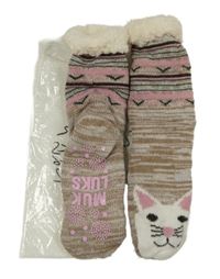 Nové -  Hnědo-šedé melírované zateplené ponožky s kočkou