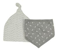 2set - Bílá puntíkatá bavlněná čepice + šedý melírovaný slinták s chodidly