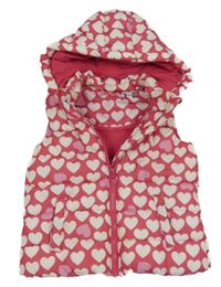 Jahodová šusťáková zateplená vesta se srdíčky a kapucí Fagottino