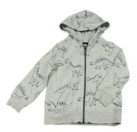 Světlešedá melírovaná propínací mikina s dinosaury a kapucí C&A