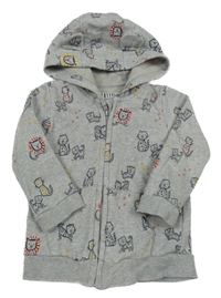Šedá melírovaná propínací mikina s kočkovitými šelmami a kapucí George