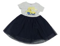 Šedo-tmavomodré bavlněno/tylové šaty s Mimoni