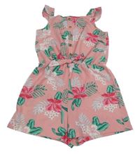 Růžový květovaný kraťasový overal s listy Matalan