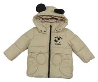 Béžová šusťáková zimní bunda s Mickeym a kapucí Primark