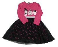 Růžovo-černé šaty s tylovou sukní a obrázky Kiki&Koko