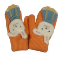 Oranžové pletené zateplené palcové rukavice s králíky 