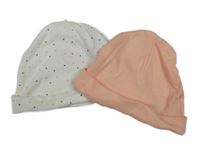 2x čepice - bílá se srdíčky + meruňková 
