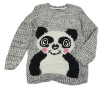 Šedý melírovaný chlupatý svetr s pandou BPC
