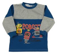 Šedo-petrolejová mikina s roboty a nápisem Kiki&Koko