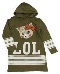 Khaki teplákové šaty s bílými pruhy a kočkou a kapucí bpc