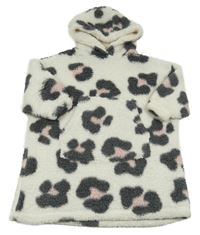 Bílo-šedá huňatá vzorovaná oversize domácí mikina s kapucí F&F