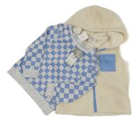 Nové - 2 set - smetanová huňatá podšitá vesta s kapucí + šedo-modré kostkované triko Pep&Co