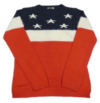 Červeno-tmavomodrý svetr s hvězdičkami 