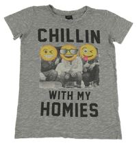 Šedé melírované tričko s nápisem a smajlíky Chapter young