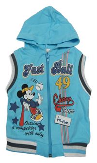 Světlemodrá propínací vesta s Mickeym a nápisem a kapucí 