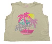 Béžový crop top s palmami a nápisem Primark