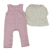 2set - Bílé květované triko + Růžový kalhotový overal Dunnes Stores