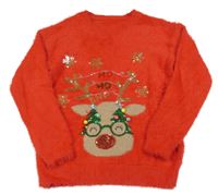 Červený chlupatý svetr se sobem a flitry St. Bernard