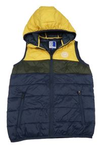 Tmavomodro-hořčicovo-khaki šusťáková zateplená vesta s logem a kapucí Jack & Jones
