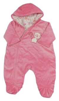 Růžová sametová zateplená kombinéza s kočičkou a kapucí 