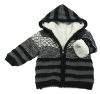 Šedo-čero-bílý vzorovaný zateplený propínací svetr s kapucí Nutmeg