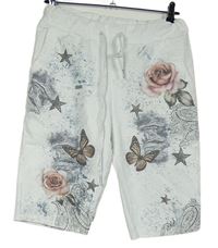 Dámské bílé elastické květované elastické capri kalhoty 