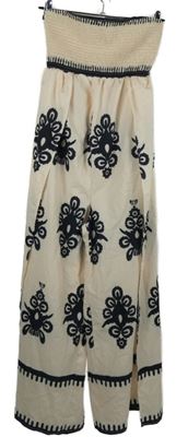 Dámský smetanovo-černý vzorované kalhotový žabičkový overal s rozparky Shein 