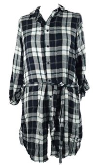 Dámské tmavomodro-bílé kostkované flanelové košilové šaty s páskem 