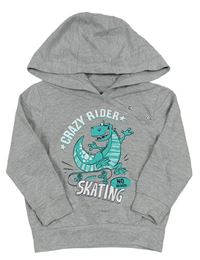 Světlešedá mikina s dinosaurem a kapucí 