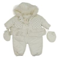 Nové - Bílá šusťáková zimní kombinéza s kamínky a kapucí+ rukavice Mintini