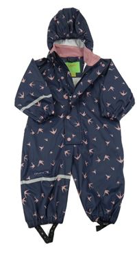 Tmavomodrá nepromokavá kombinéza s ptáčky a kapucí 