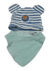 2set- modro-bílá pruhovaná sametová čepice s liškou+ modrý slinták