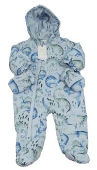 Nové - Světlemodrá šusťáková zimní kombinéza s dinosaury a kapucí + rukavice Next