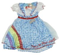 Nové - Bílo-modro-kostkované saténové šaty s duhou 