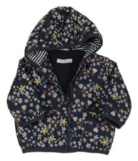 Tmavomodro-květovaná šusťáková prošívaná zateplená bunda s kapucí 