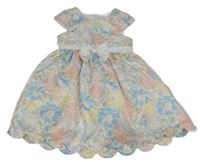 Bílo-pastelově barevné květované šaty s mašlí Tahari