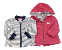 2set - Růžová šusťáková jarní bunda s kapucí + pruhovaná mikina zn. C&A