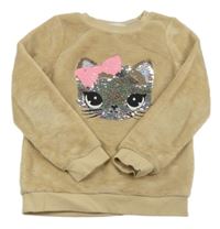Béžová chlupatá mikina s kočkou z flitrů H&M