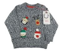 Nové - Šedo-bílý melírovaný svetr s vánočním motivem Mothercare
