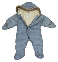 Tmavomodro-bílá pruhovaná šusťáková prošívaná zimní kombinéza s kapucí Obaibi