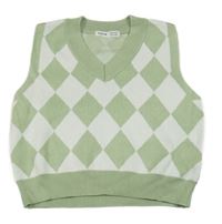 Zeleno-bílá károvaná pletená crop vesta Shein